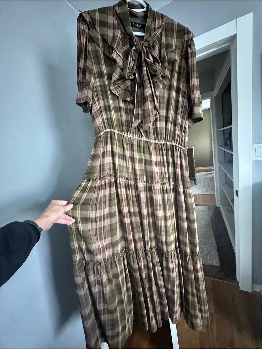 Lauren Ralph Lauren Plaid Crinkle Georgette Tie-Neck Dress - Picture 2 of 7